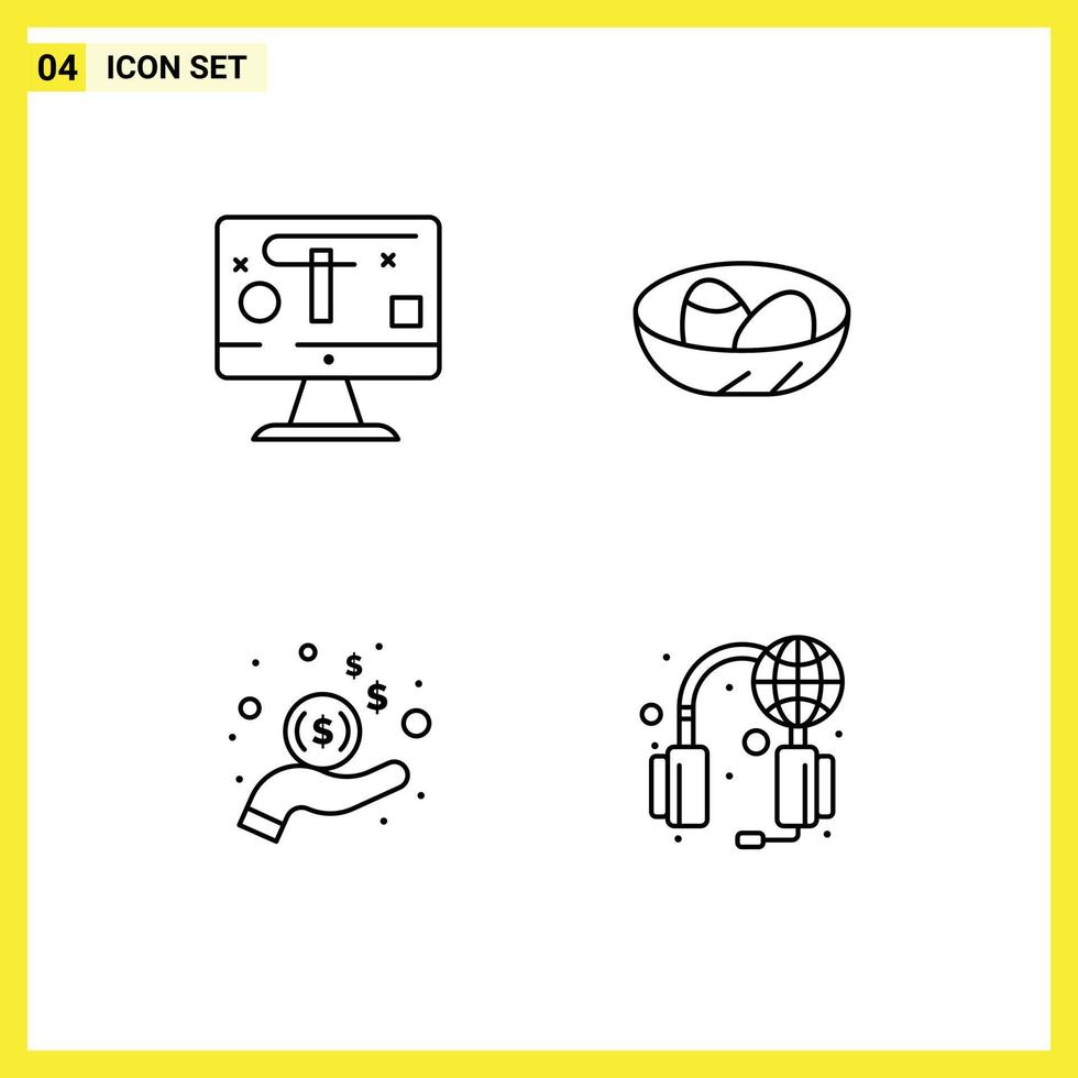 Pack of 4 Modern Filledline Flat Colors Signs and Symbols for Web Print Media such as computer hand graphics easter money Editable Vector Design Elements