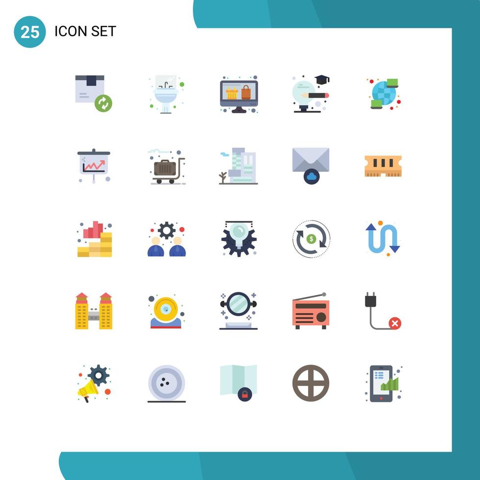 User Interface Pack of 25 Basic Flat Colors of computer graduate mirror light online shopping Editable Vector Design Elements