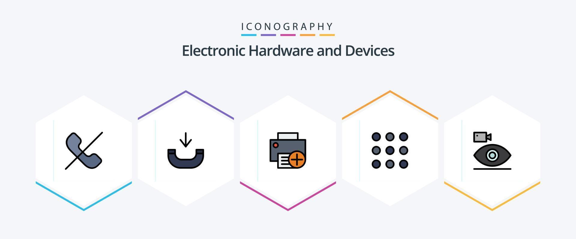 Devices 25 FilledLine icon pack including camera. cam. computers. numbers. call vector
