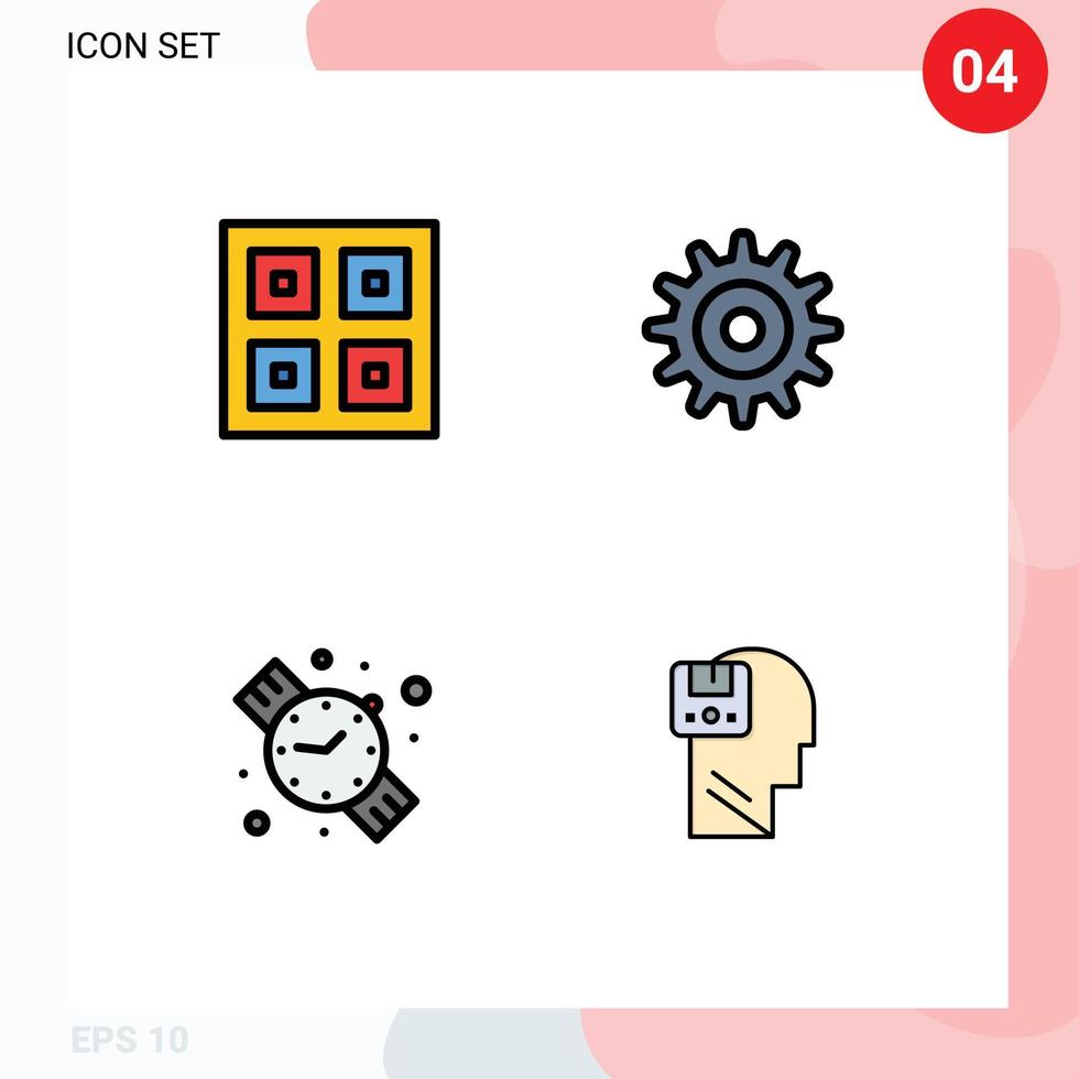 Pack of 4 creative Filledline Flat Colors of arrived watch logistic setting memory Editable Vector Design Elements
