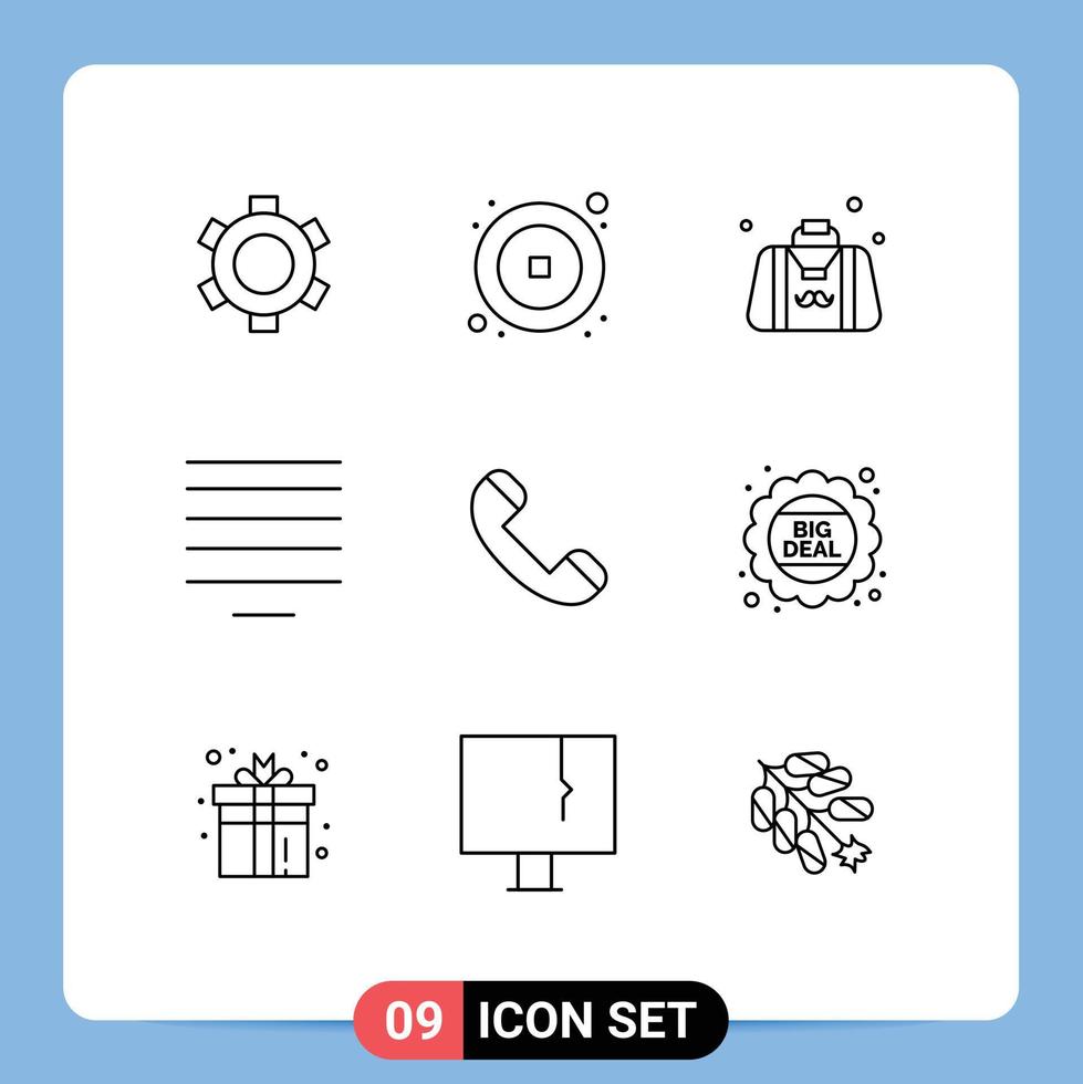 Pack of 9 Modern Outlines Signs and Symbols for Web Print Media such as contact text bag center gentleman Editable Vector Design Elements