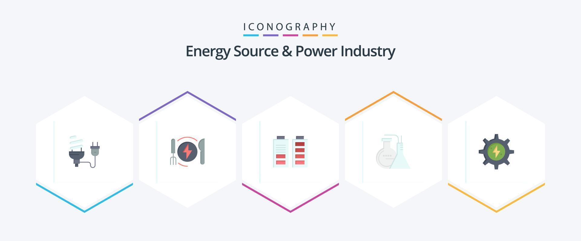 Energy Source And Power Industry 25 Flat icon pack including energy. reaction. dinner. chemicals. power vector