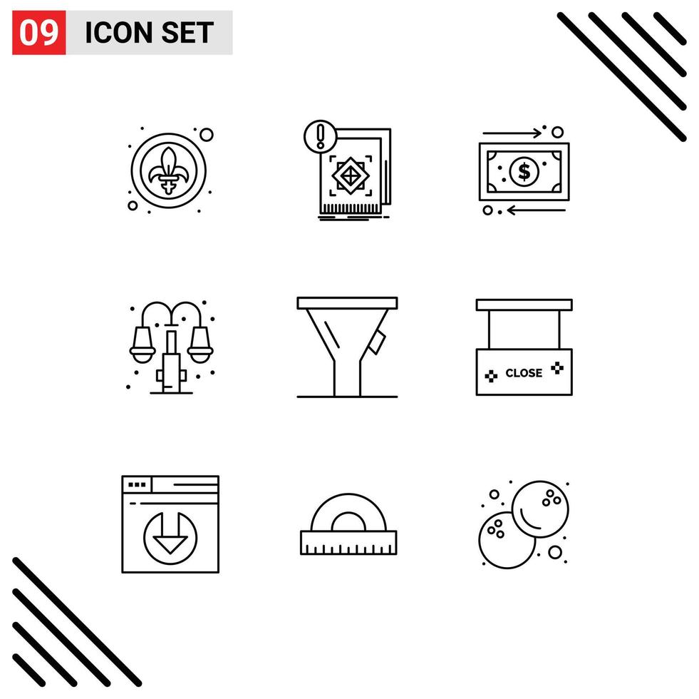 Stock Vector Icon Pack of 9 Line Signs and Symbols for liter light alert life money Editable Vector Design Elements