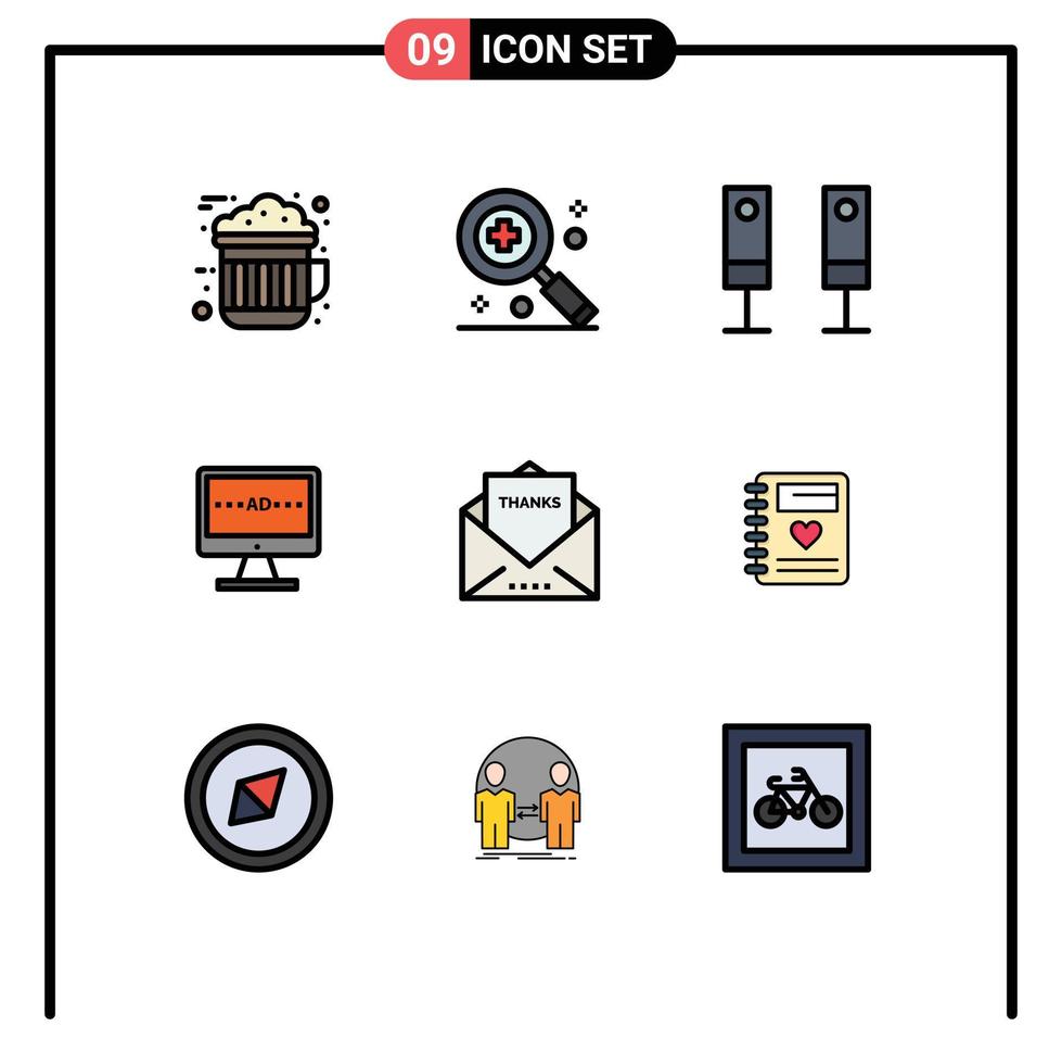 universal icono símbolos grupo de 9 9 moderno línea de relleno plano colores de letra lcd eléctrico pantalla anuncio editable vector diseño elementos