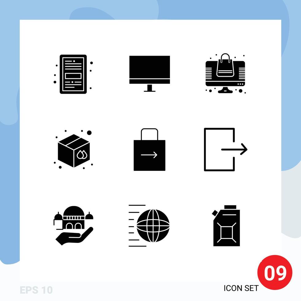 Modern Set of 9 Solid Glyphs Pictograph of print goods hardware box shopping Editable Vector Design Elements