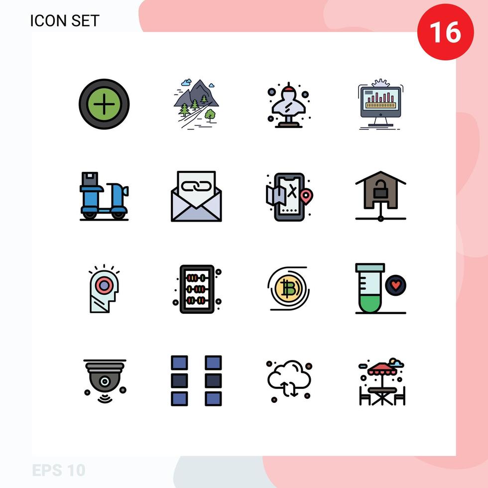 Editable Vector Line Pack of 16 Simple Flat Color Filled Lines of processing monitor ancient admin greek Editable Creative Vector Design Elements