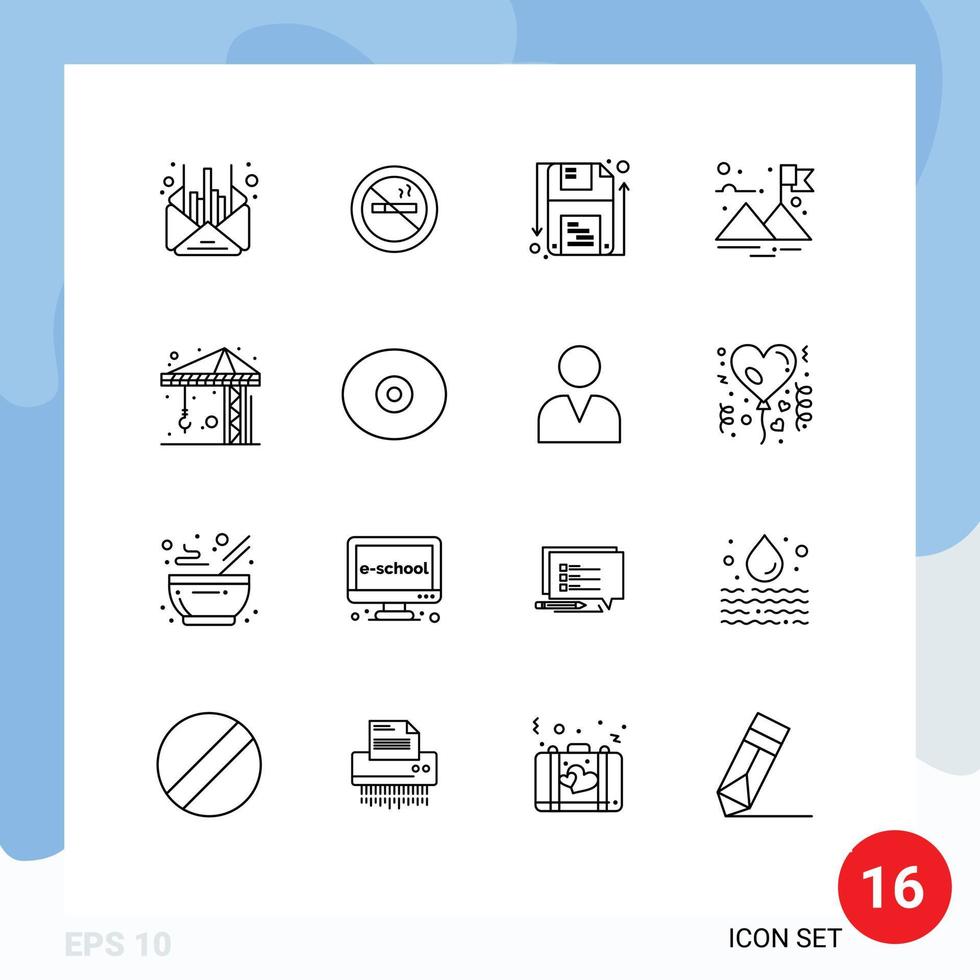 Pack of 16 Modern Outlines Signs and Symbols for Web Print Media such as crain architecture disk success finish Editable Vector Design Elements