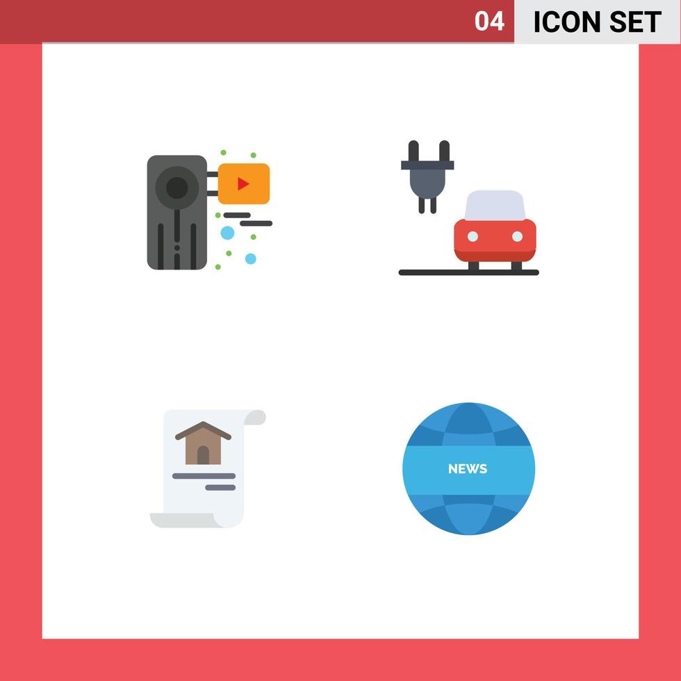 Mobile Interface Flat Icon Set of 4 Pictograms of camera document recorder charge building Editable Vector Design Elements