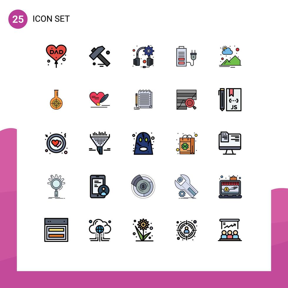 25 User Interface Filled line Flat Color Pack of modern Signs and Symbols of sun countryside gear plug battery Editable Vector Design Elements