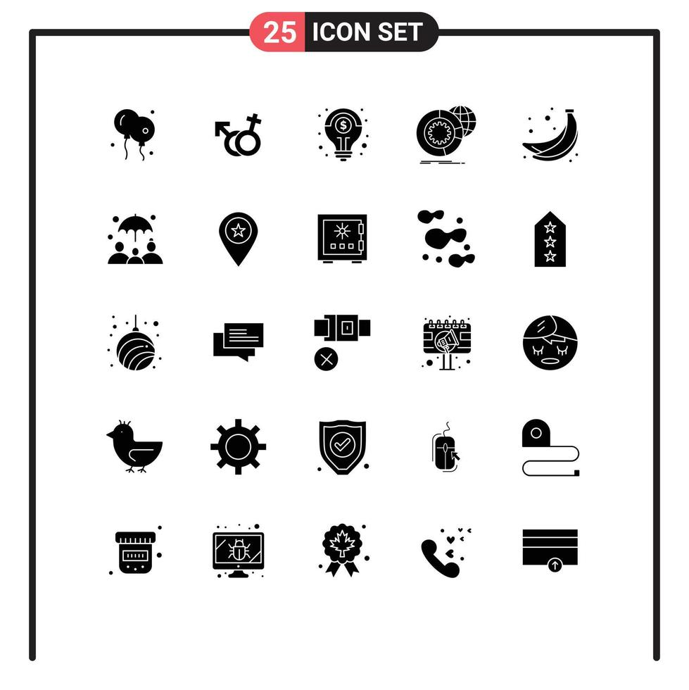 Editable Vector Line Pack of 25 Simple Solid Glyphs of food services fitness globe big data Editable Vector Design Elements