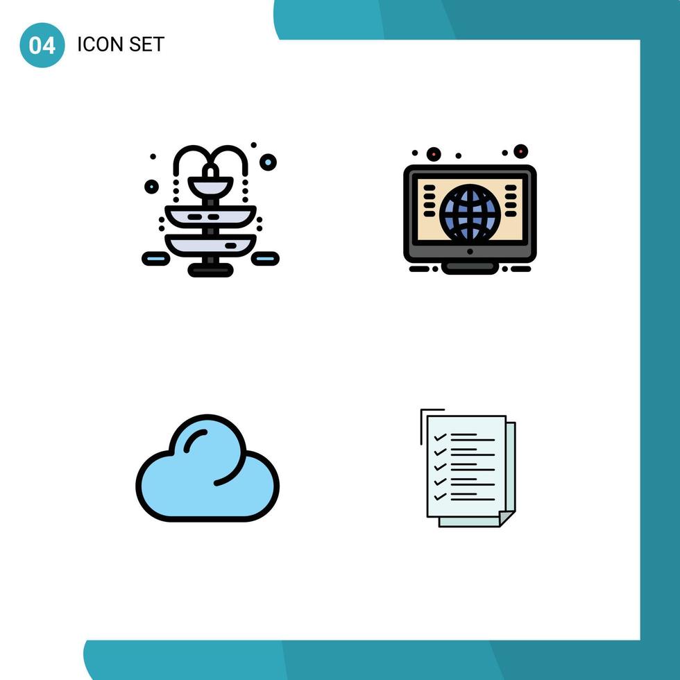 Mobile Interface Filledline Flat Color Set of 4 Pictograms of fountain check list computer cloud work task Editable Vector Design Elements