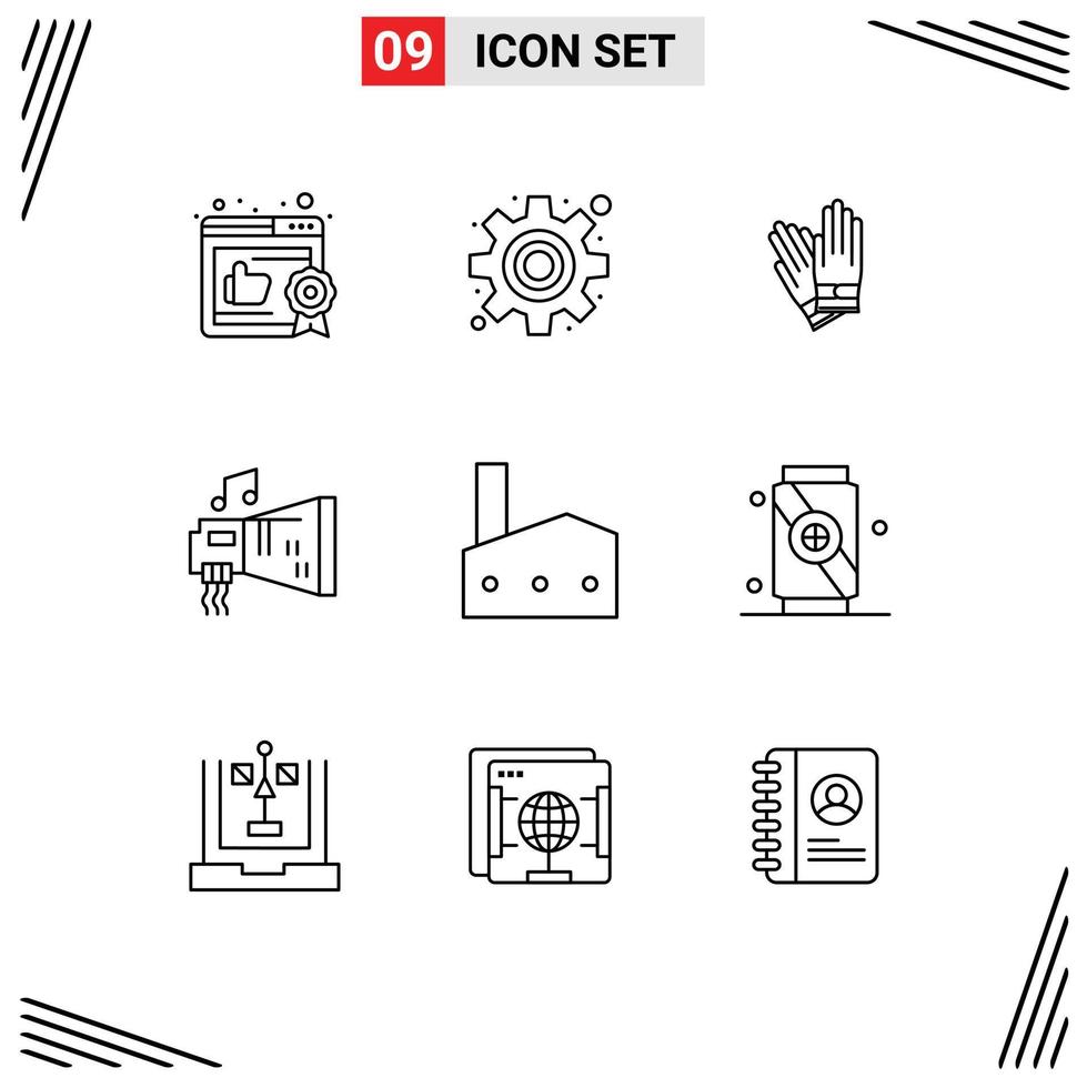 contorno paquete de 9 9 universal símbolos de industrial planta fábrica construcción música dispositivo editable vector diseño elementos