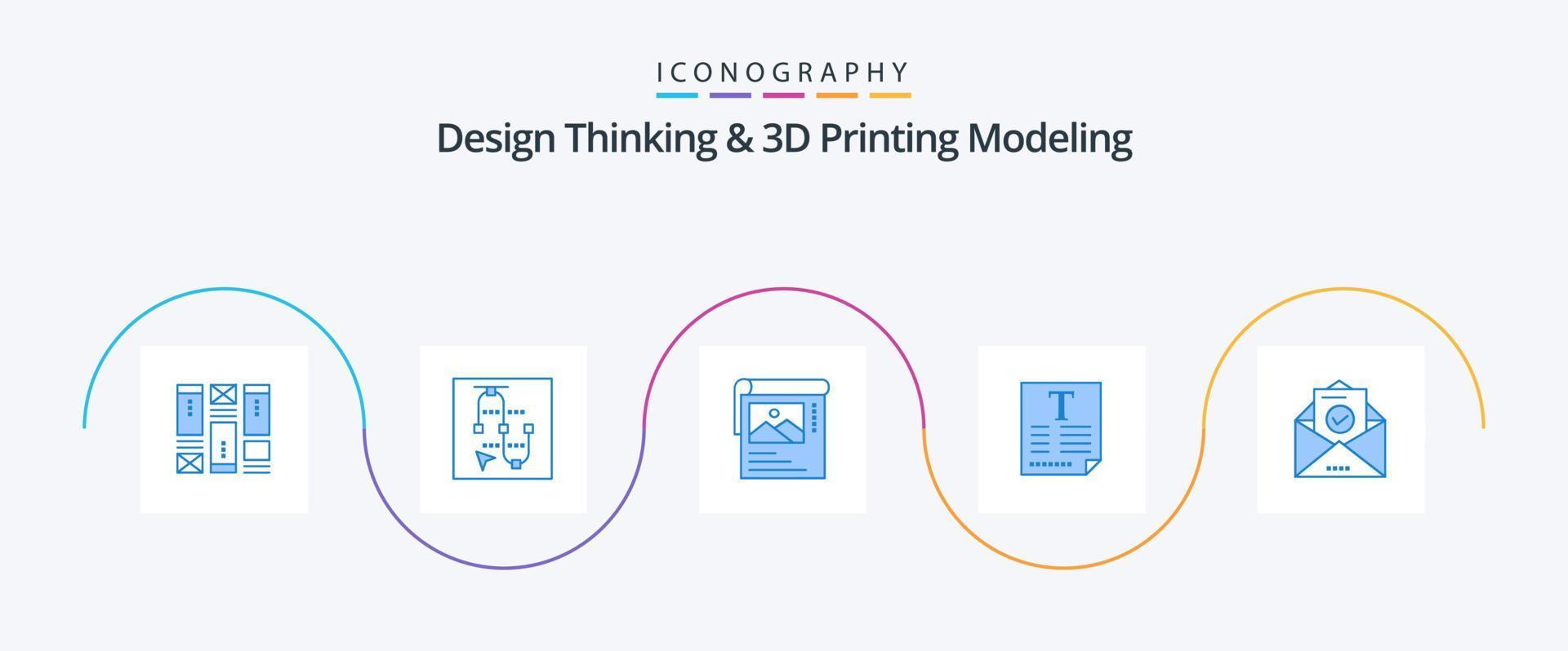 Design Thinking And D Printing Modeling Blue 5 Icon Pack Including mail. poster. arrow. text . brosher vector