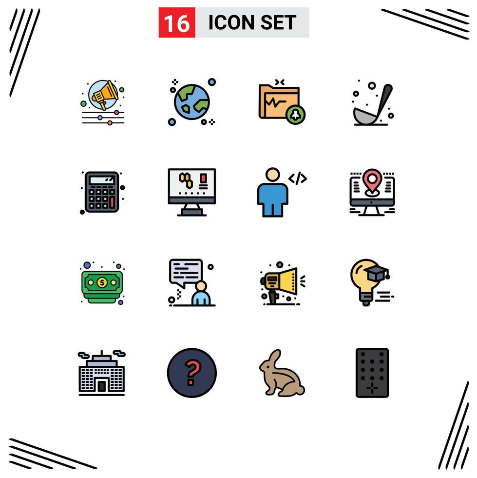 Group of 16 Flat Color Filled Lines Signs and Symbols for calculate ladle document kitchen cooking Editable Creative Vector Design Elements