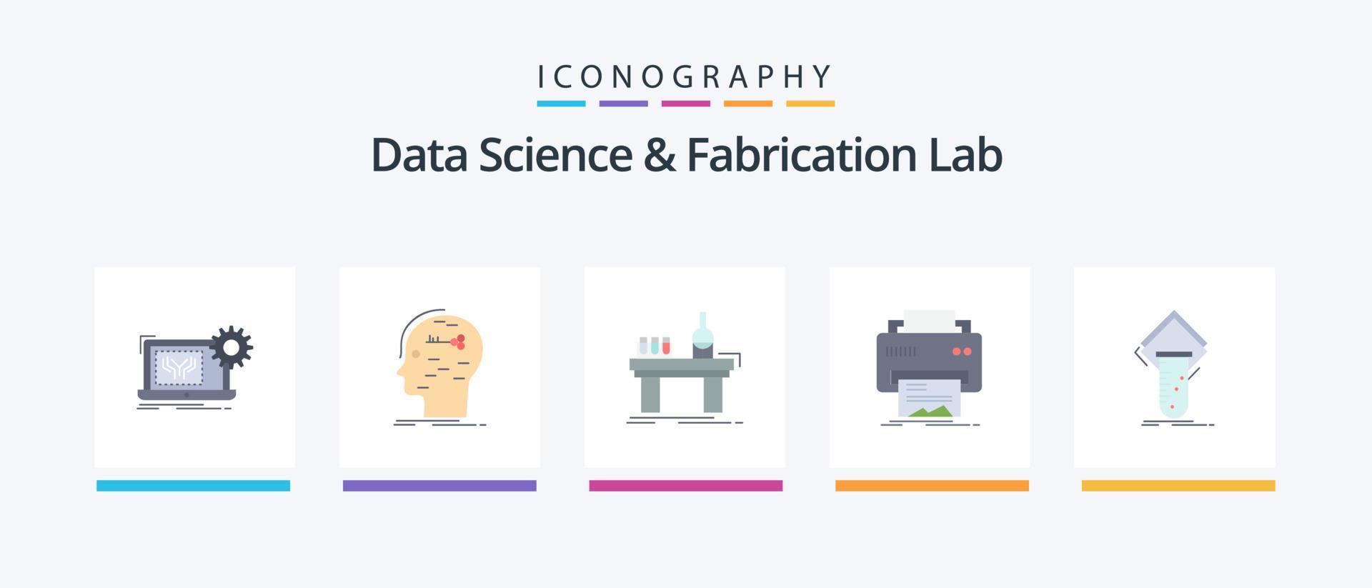 Data Science And Fabrication Lab Flat 5 Icon Pack Including printing. digital. key. production. lab. Creative Icons Design vector