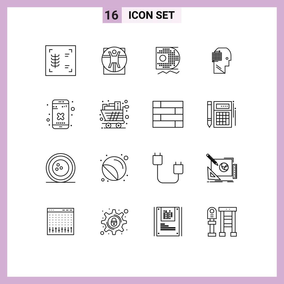 Modern Set of 16 Outlines Pictograph of delete close scince business think Editable Vector Design Elements