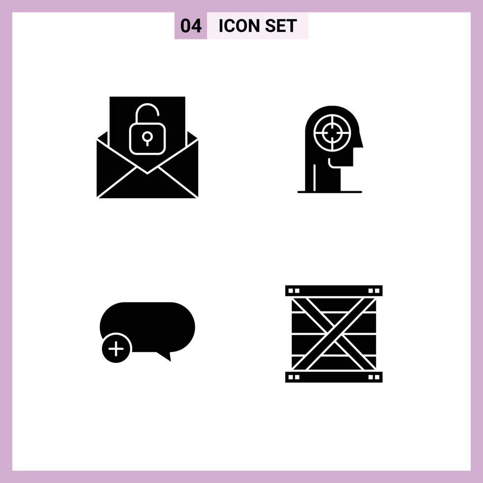 4 Universal Solid Glyphs Set for Web and Mobile Applications communication chat unlock focus message Editable Vector Design Elements