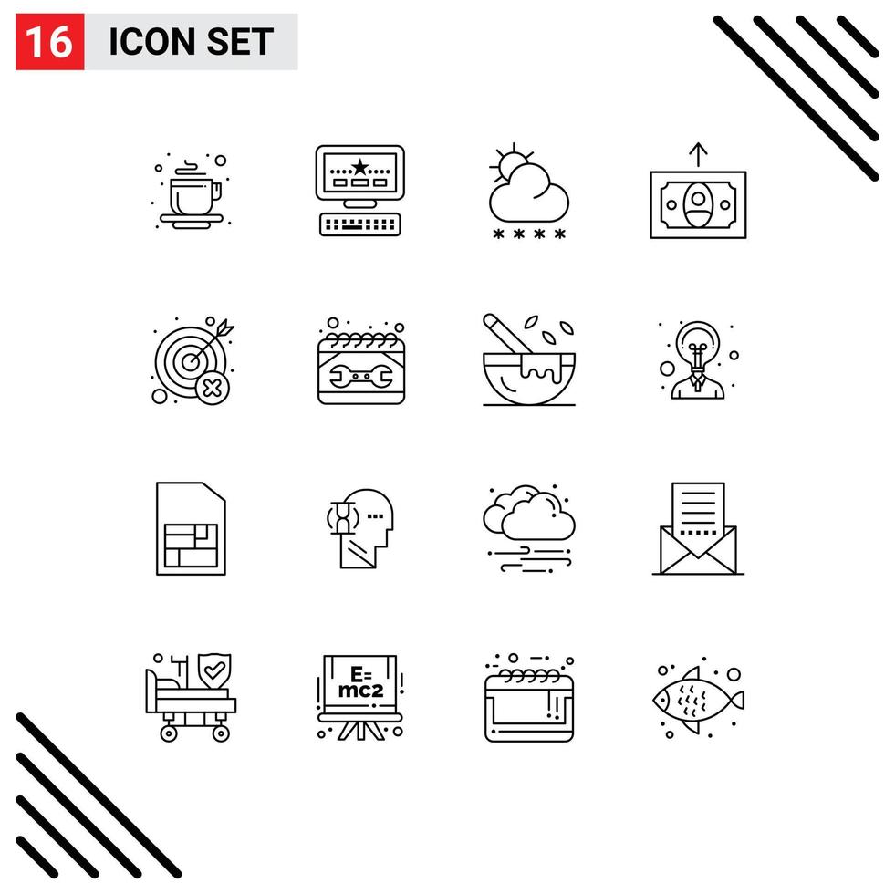 Pack of 16 creative Outlines of target miss snow fail finance Editable Vector Design Elements