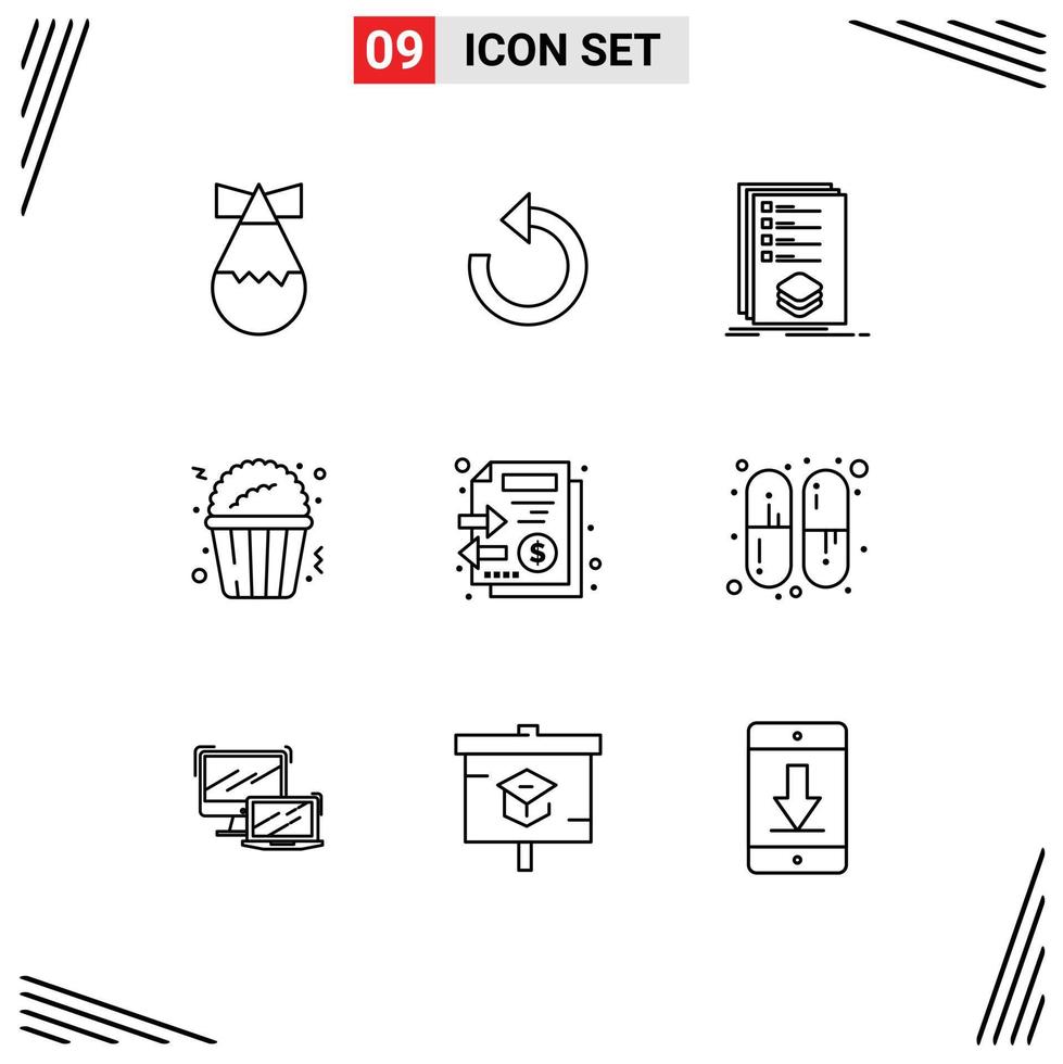 9 Universal Outline Signs Symbols of stack documents check food popcorn Editable Vector Design Elements