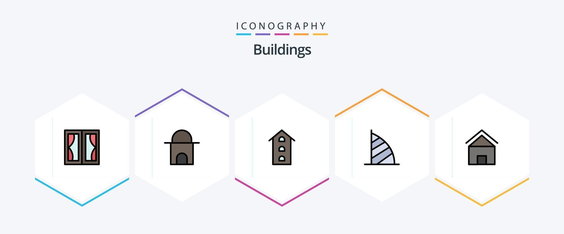 edificios 25 línea de relleno icono paquete incluso uae Monumento. Dubái mezquita. burj Alabama árabe. tiendas vector