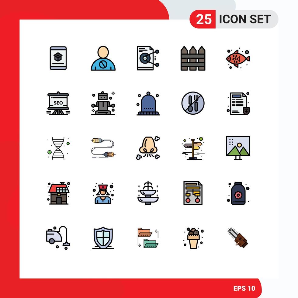 25 User Interface Filled line Flat Color Pack of modern Signs and Symbols of garden fence barricade denied server sharing Editable Vector Design Elements