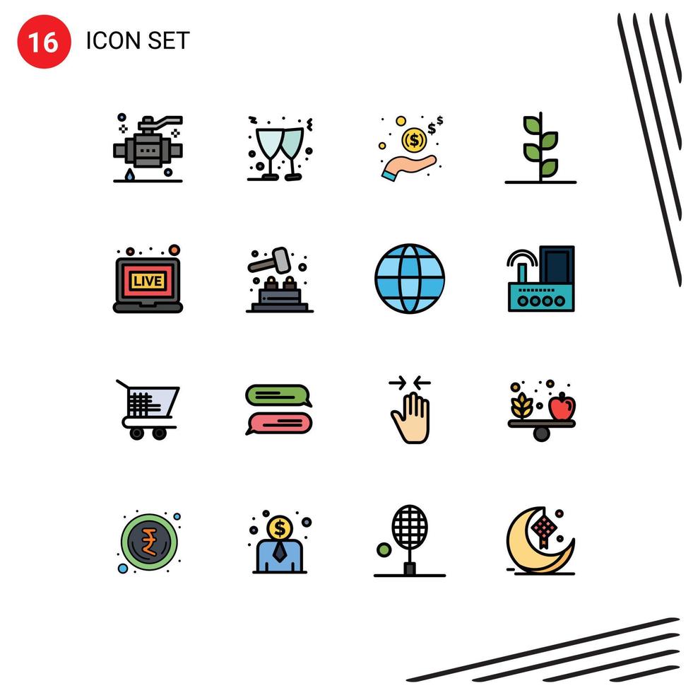 Set of 16 Modern UI Icons Symbols Signs for news broadcasting income tree garden Editable Creative Vector Design Elements