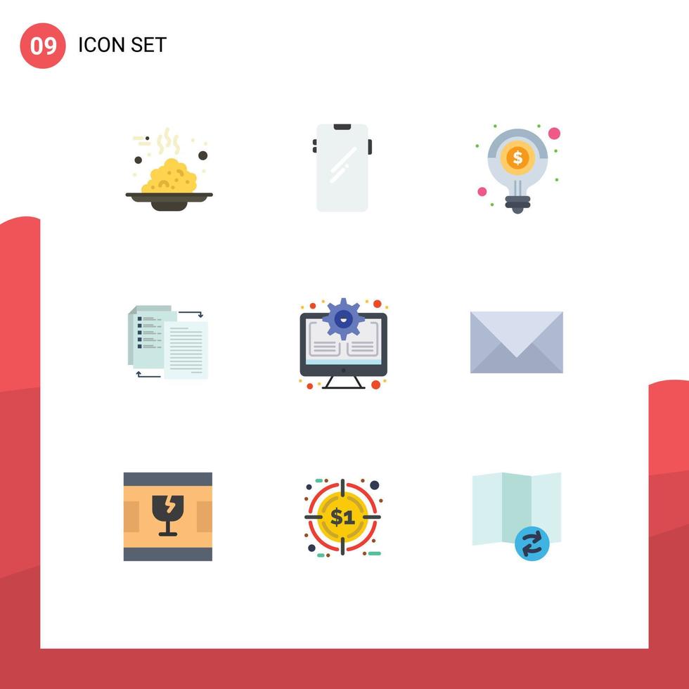 Mobile Interface Flat Color Set of 9 Pictograms of transfer file huawei solution light bulb Editable Vector Design Elements
