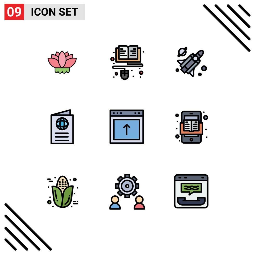 9 User Interface Filledline Flat Color Pack of modern Signs and Symbols of interface arrow missile travel id Editable Vector Design Elements