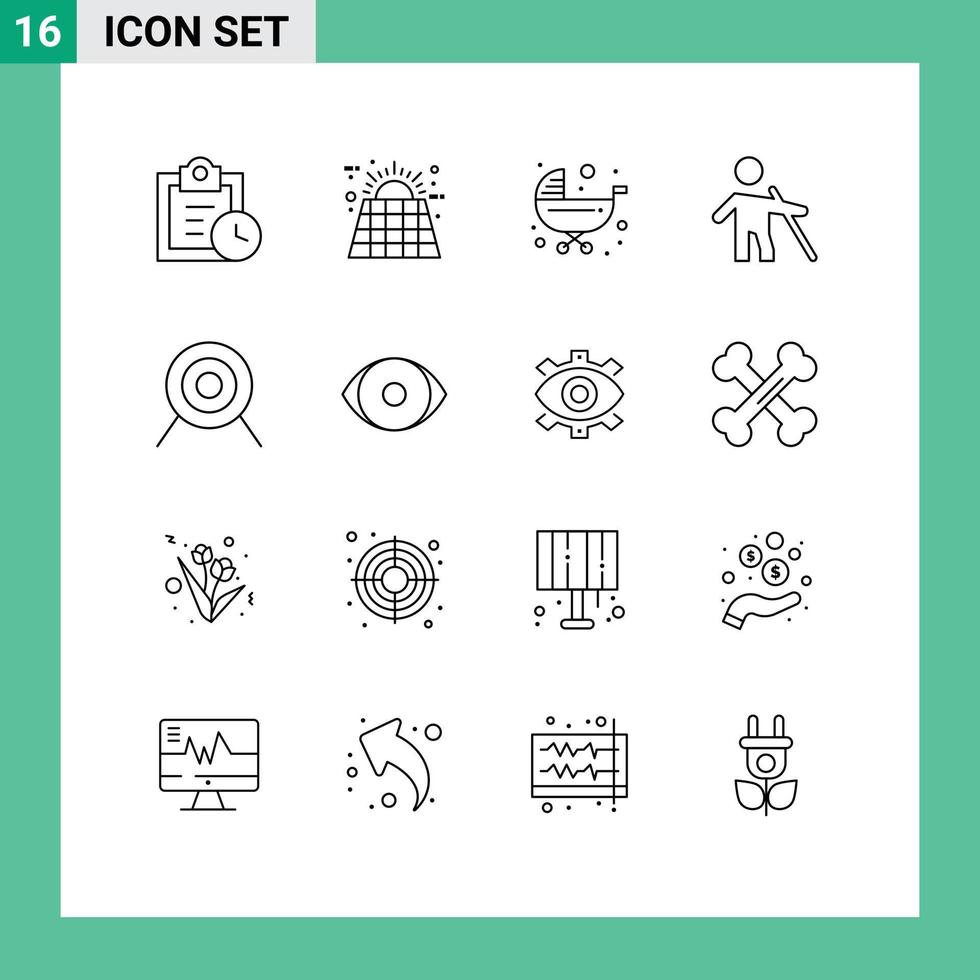16 Universal Outlines Set for Web and Mobile Applications archery people baby old trolley Editable Vector Design Elements