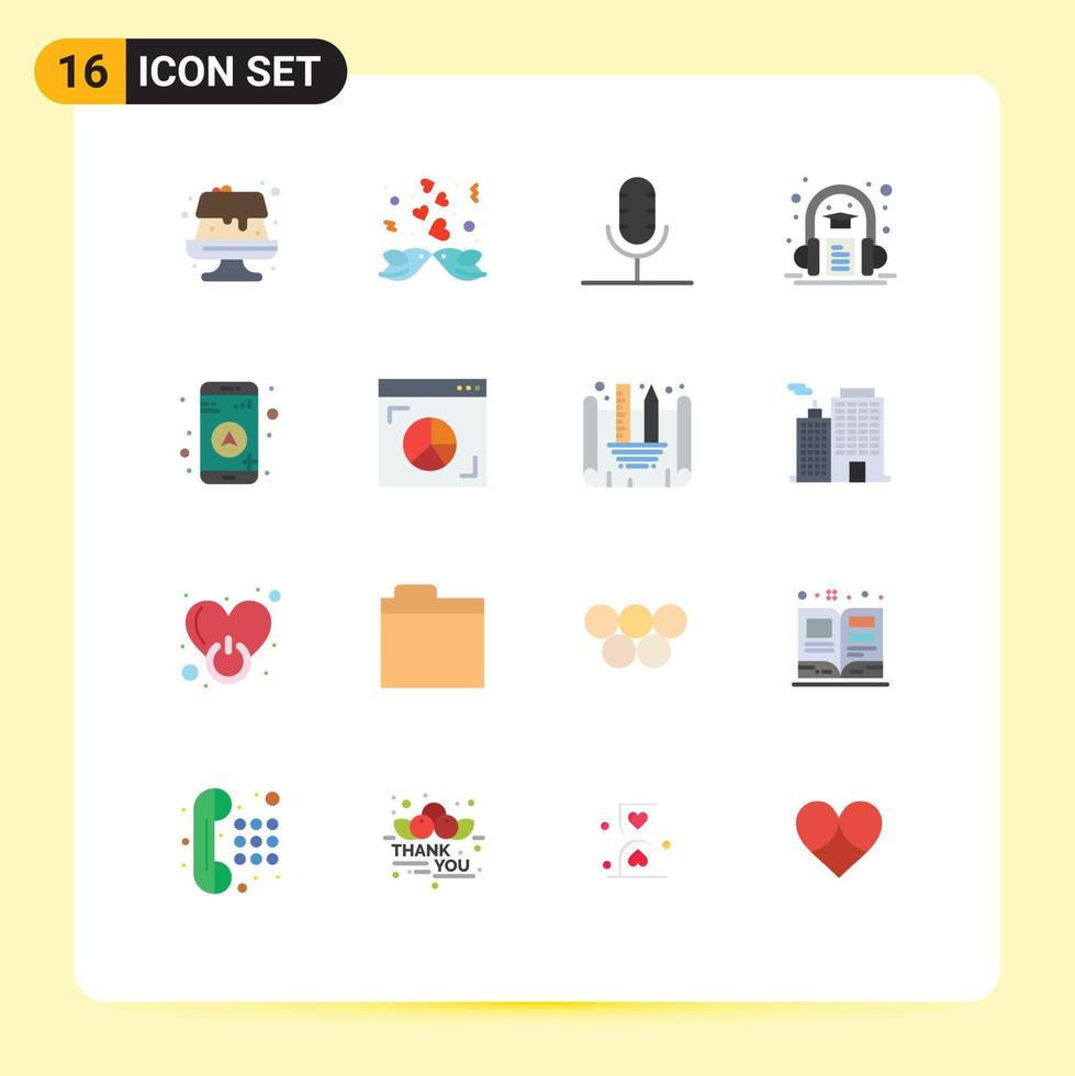 Modern Set of 16 Flat Colors and symbols such as map learning broadcast headphone audio book Editable Pack of Creative Vector Design Elements