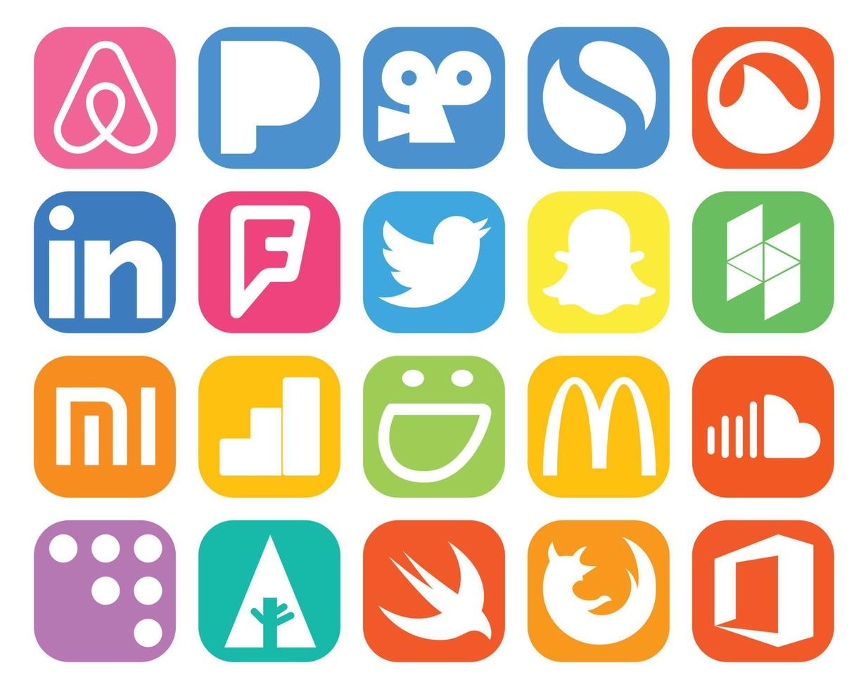 20 social medios de comunicación icono paquete incluso música soundcloud Pío McDonalds google analítica vector