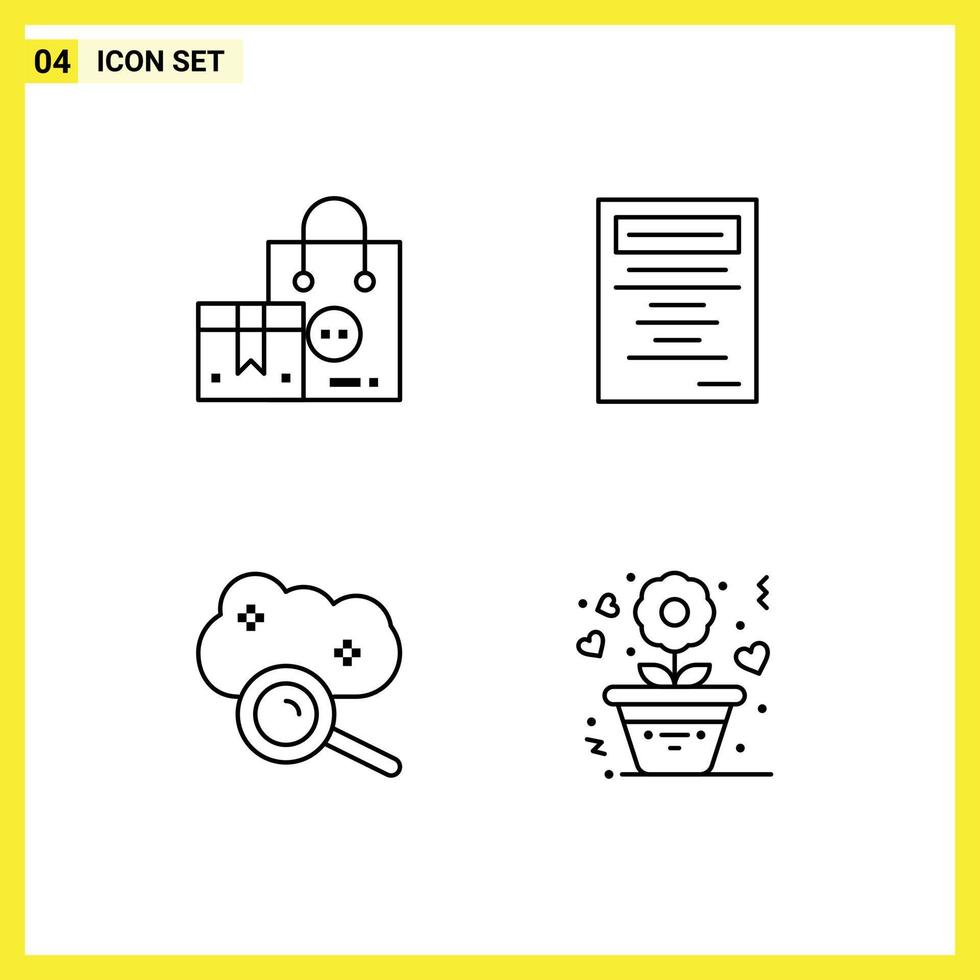 Mobile Interface Line Set of 4 Pictograms of bag cloud magnifying shopping education cloud search Editable Vector Design Elements