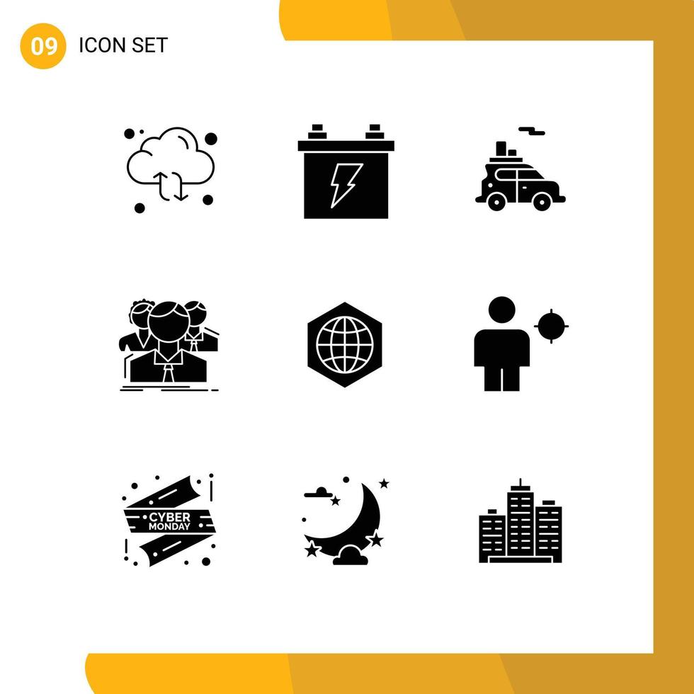 Pack of 9 creative Solid Glyphs of online people energy multiplayer vehicle Editable Vector Design Elements