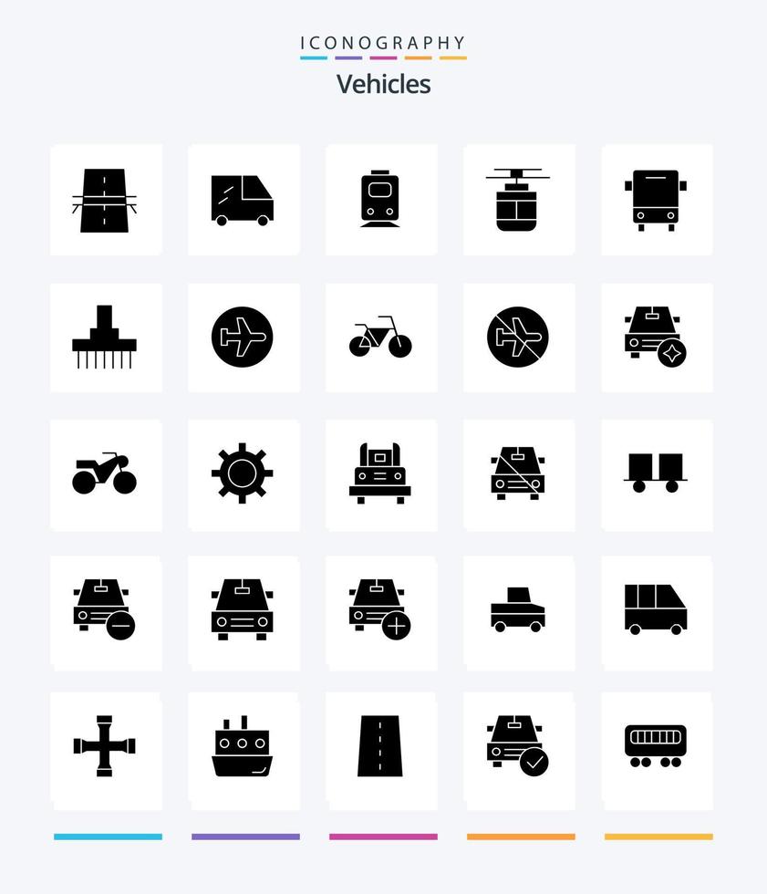 Creative Vehicles 25 Glyph Solid Black icon pack  Such As bus. transportation. railway. tram. air vector