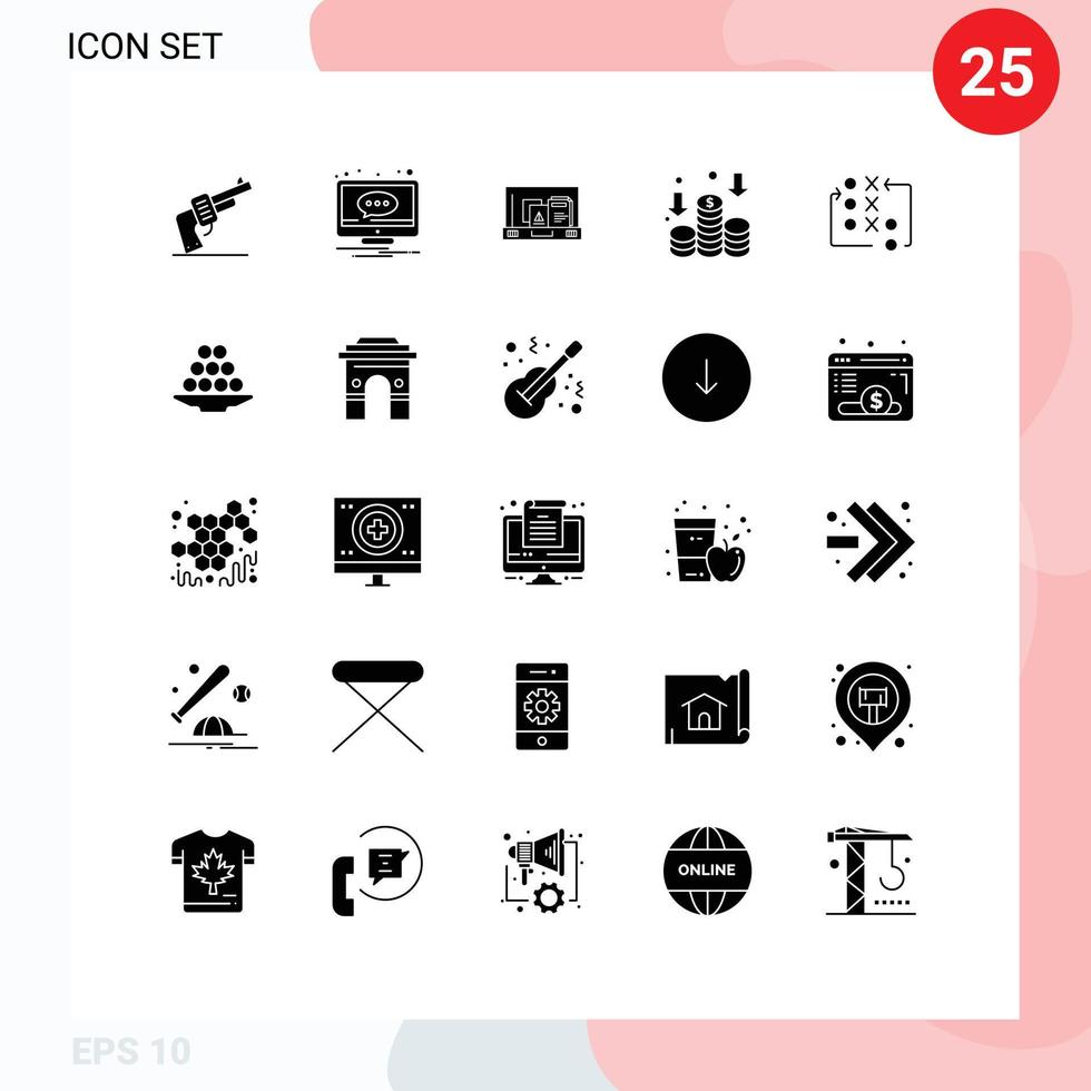 Set of 25 Vector Solid Glyphs on Grid for move money screen income briefcase Editable Vector Design Elements