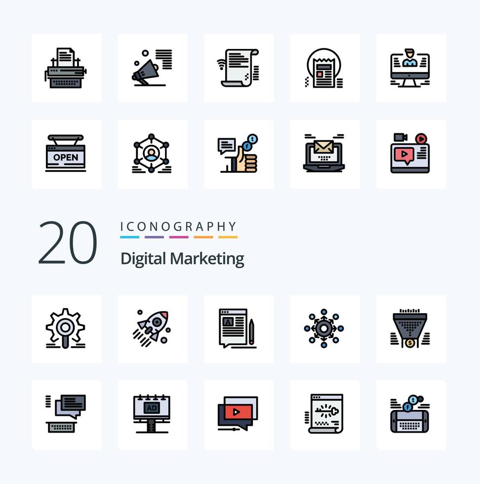20 Digital Marketing Line Filled Color icon Pack like connect network startup web edit vector