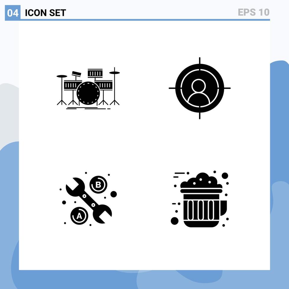 4 Thematic Vector Solid Glyphs and Editable Symbols of drum tool kit aim chocolate Editable Vector Design Elements