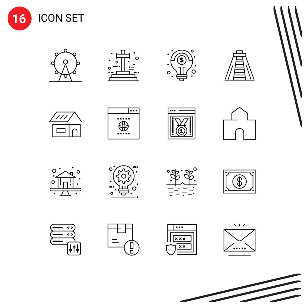 Group of 16 Outlines Signs and Symbols for construction building financial monument chichen itza Editable Vector Design Elements