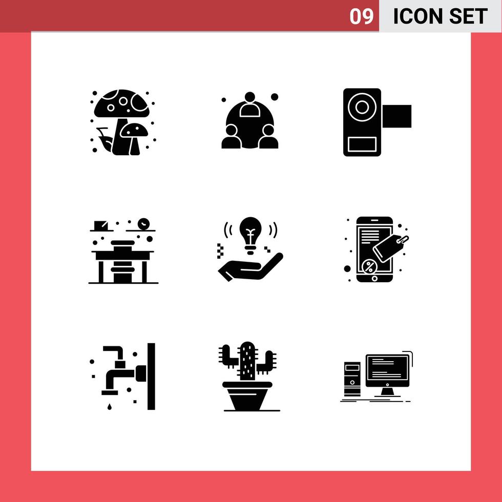 Group of 9 Modern Solid Glyphs Set for safe business film school chair Editable Vector Design Elements