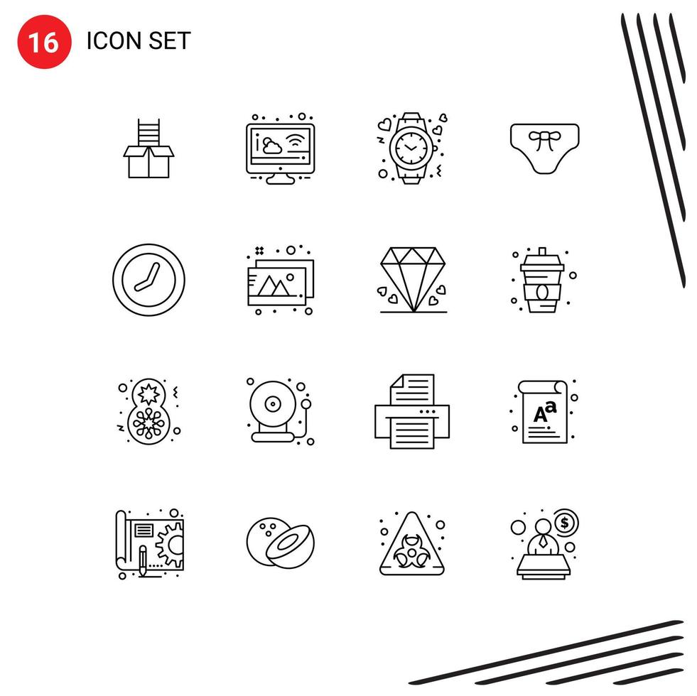 User Interface Pack of 16 Basic Outlines of clothing bikini heart beach watch Editable Vector Design Elements