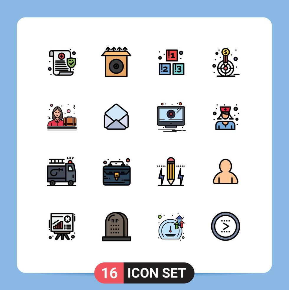 Flat Color Filled Line Pack of 16 Universal Symbols of women target blocks goal financial Editable Creative Vector Design Elements