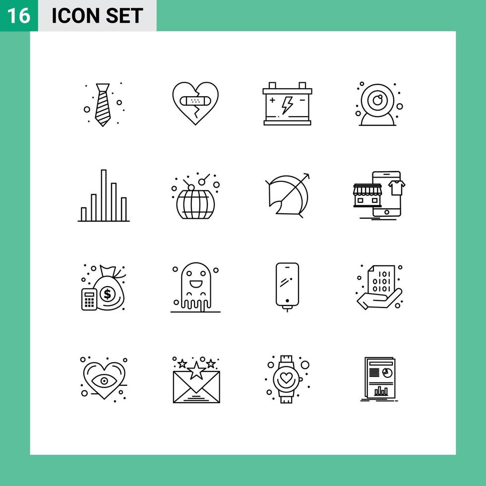 Pack of 16 Modern Outlines Signs and Symbols for Web Print Media such as analytics web cam heart camera power Editable Vector Design Elements