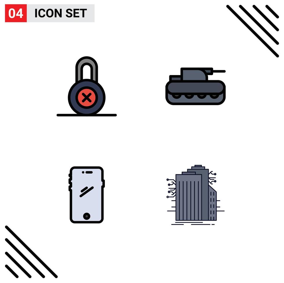 4 User Interface Filledline Flat Color Pack of modern Signs and Symbols of lock mobile cannon tank iphone Editable Vector Design Elements