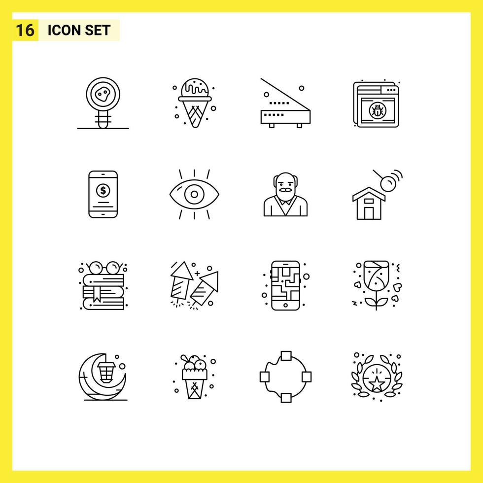 Group of 16 Modern Outlines Set for mobile web electric shield antivirus Editable Vector Design Elements