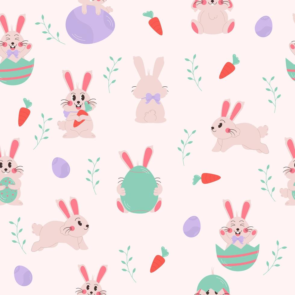 Happy easter seamless pattern with funny rabbits holding chickens eggs carrots vector