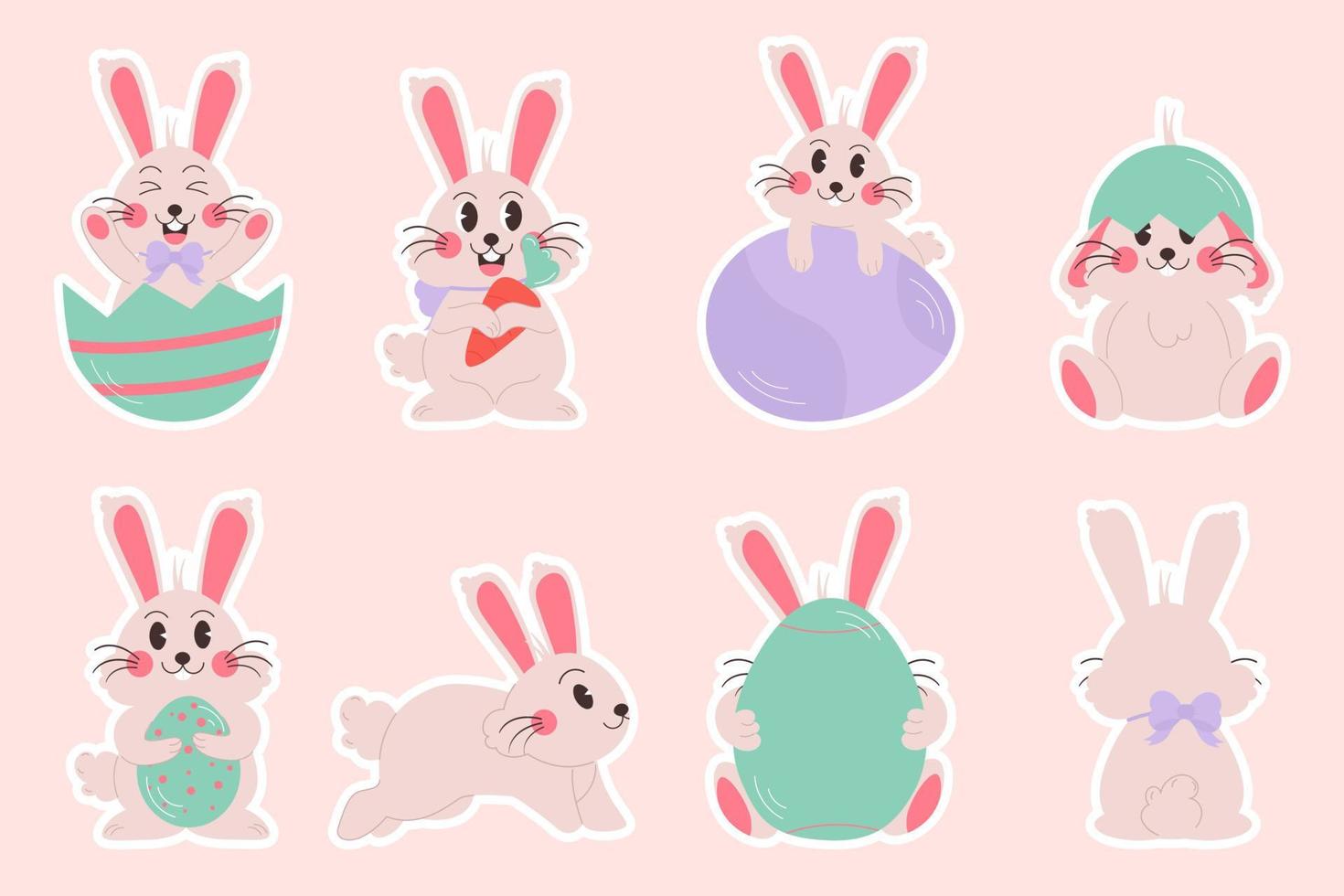 Flat easter characters bunny collection stickers. Rabbit with egg and carrot vector