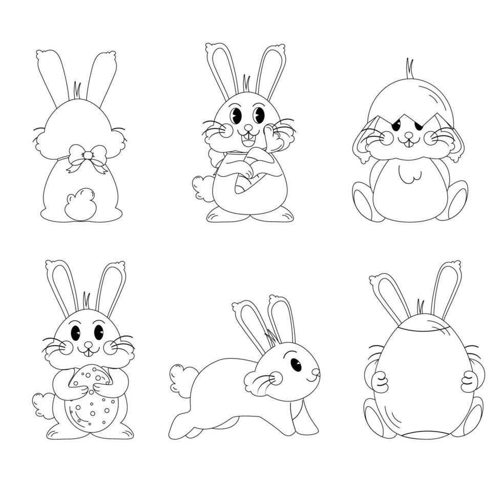 Flat easter characters bunny collection black and white outline. Rabbit with egg and carrot vector