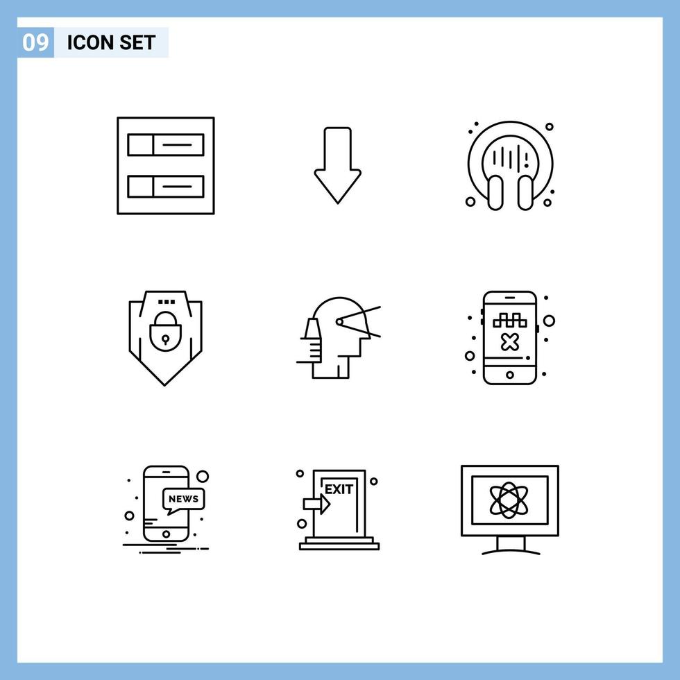 Mobile Interface Outline Set of 9 Pictograms of leader business conversation web security password Editable Vector Design Elements
