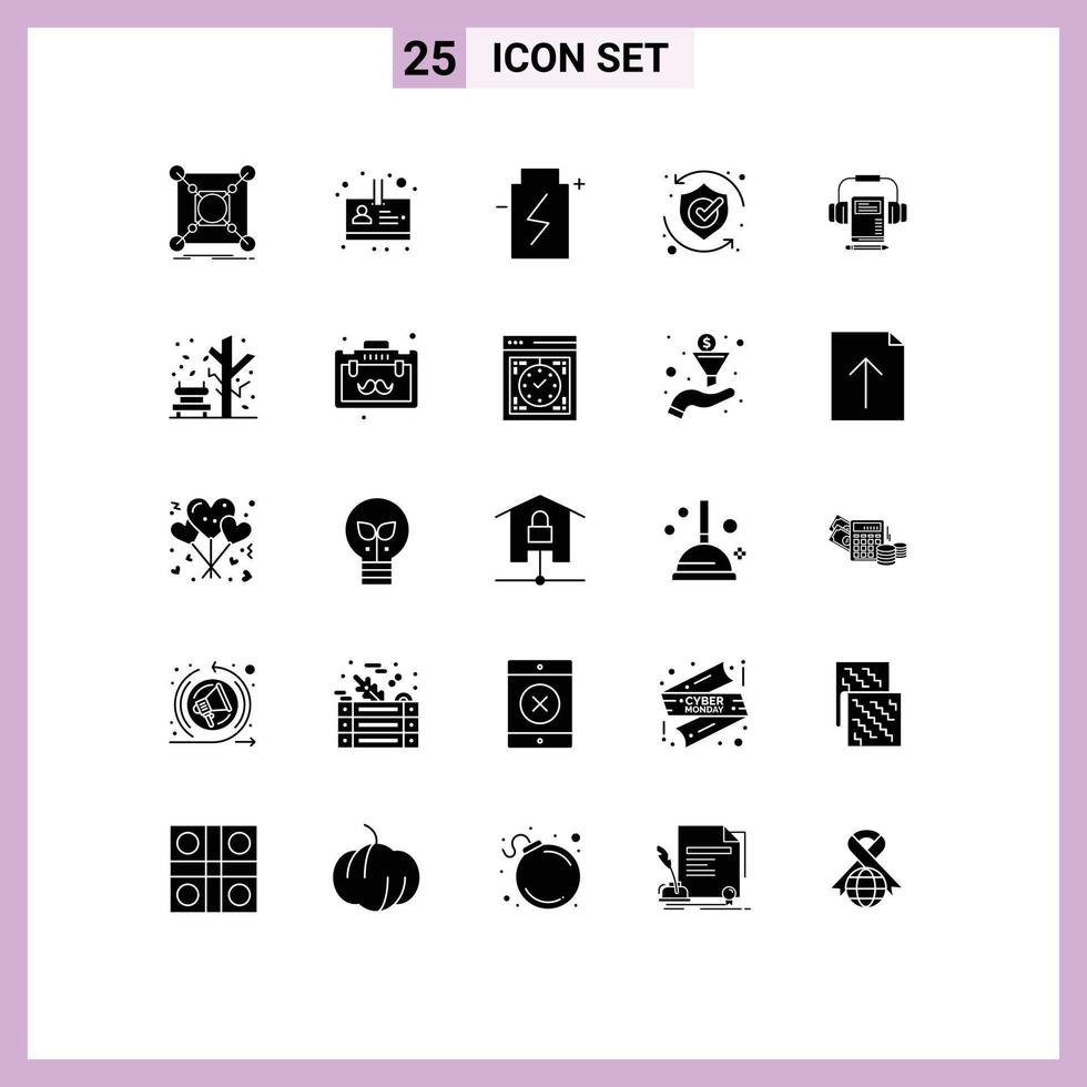 25 Universal Solid Glyph Signs Symbols of solution security battery safety environment Editable Vector Design Elements