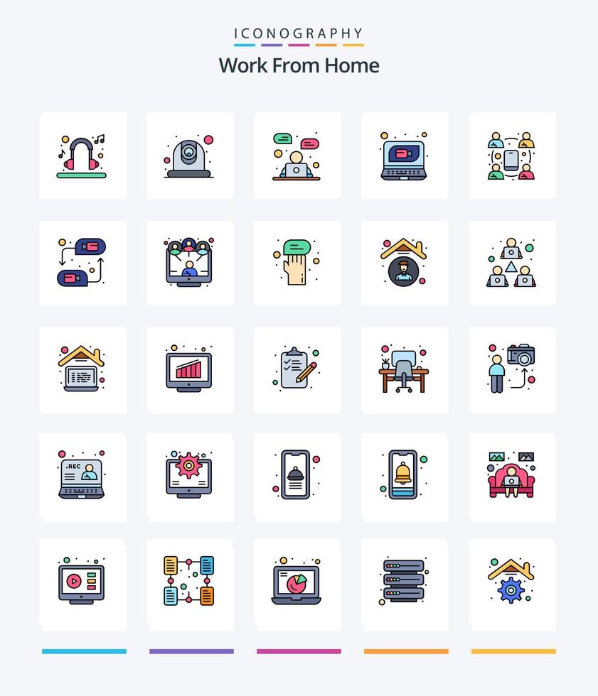 Creative Work From Home 25 Line FIlled icon pack  Such As conference. video. advertisement. conference. chat online vector